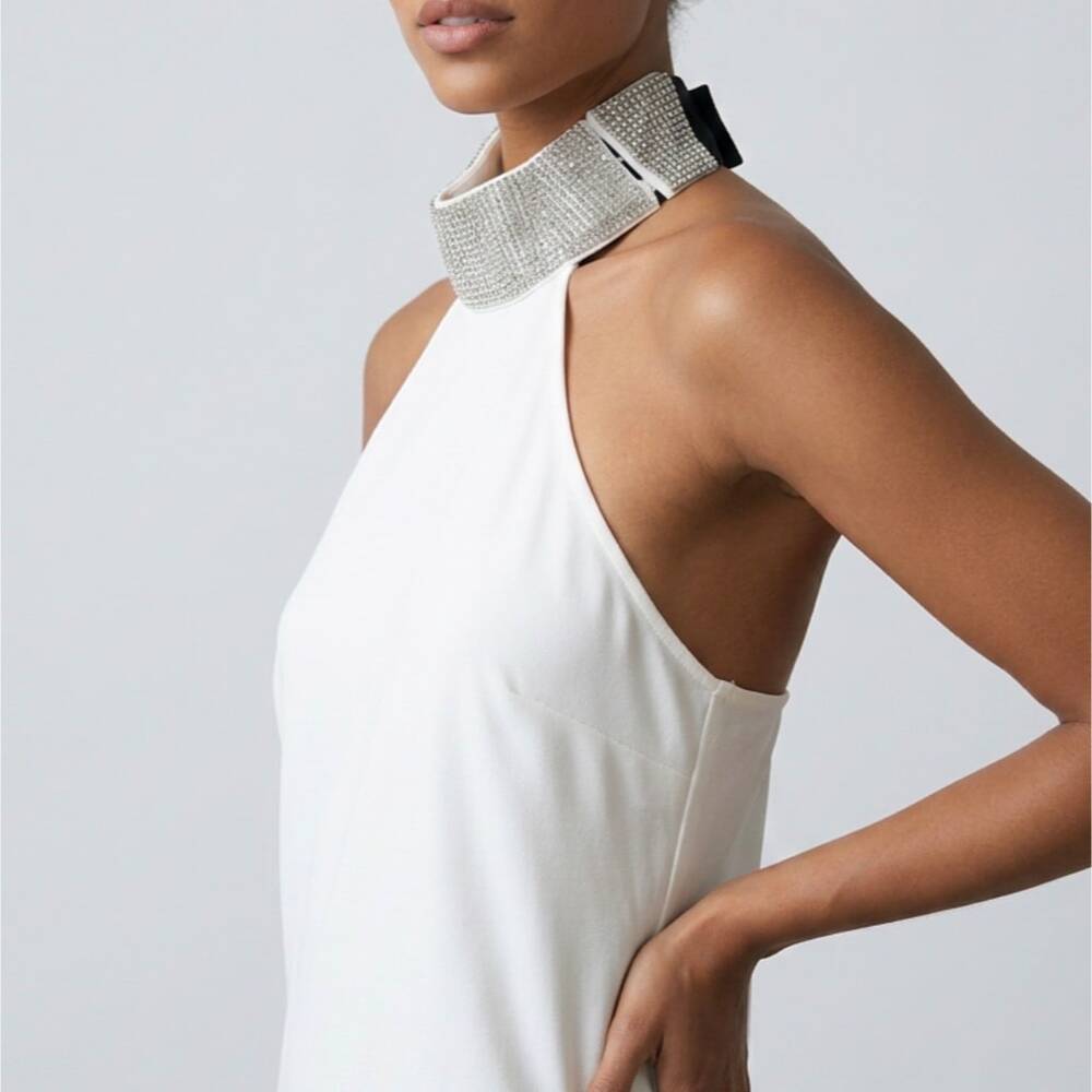 INC White Sleeveless Crop Top With Jeweled Collar Petite M